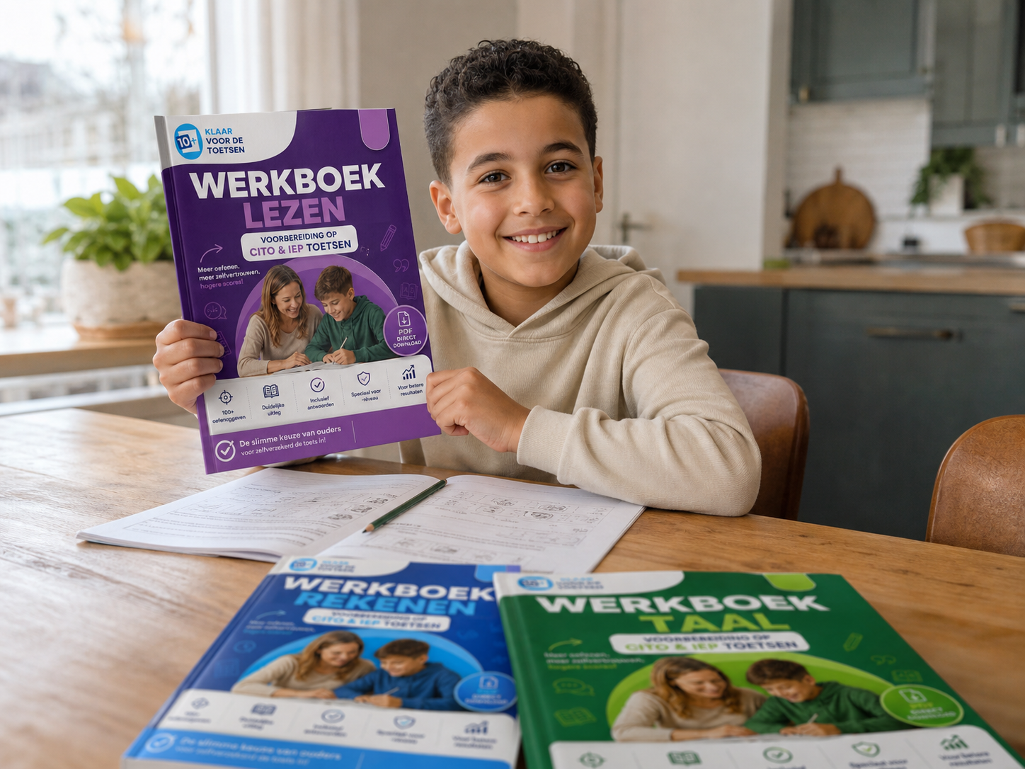 Kind oefent thuis met ToetsBoost werkboeken